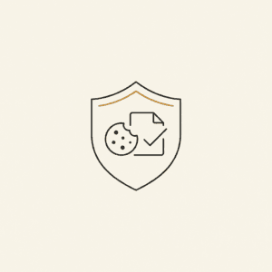 Copertina Kit Privacy e Cookie Policy: scudo con biscotto e documento con spunta, inchiostro su carta