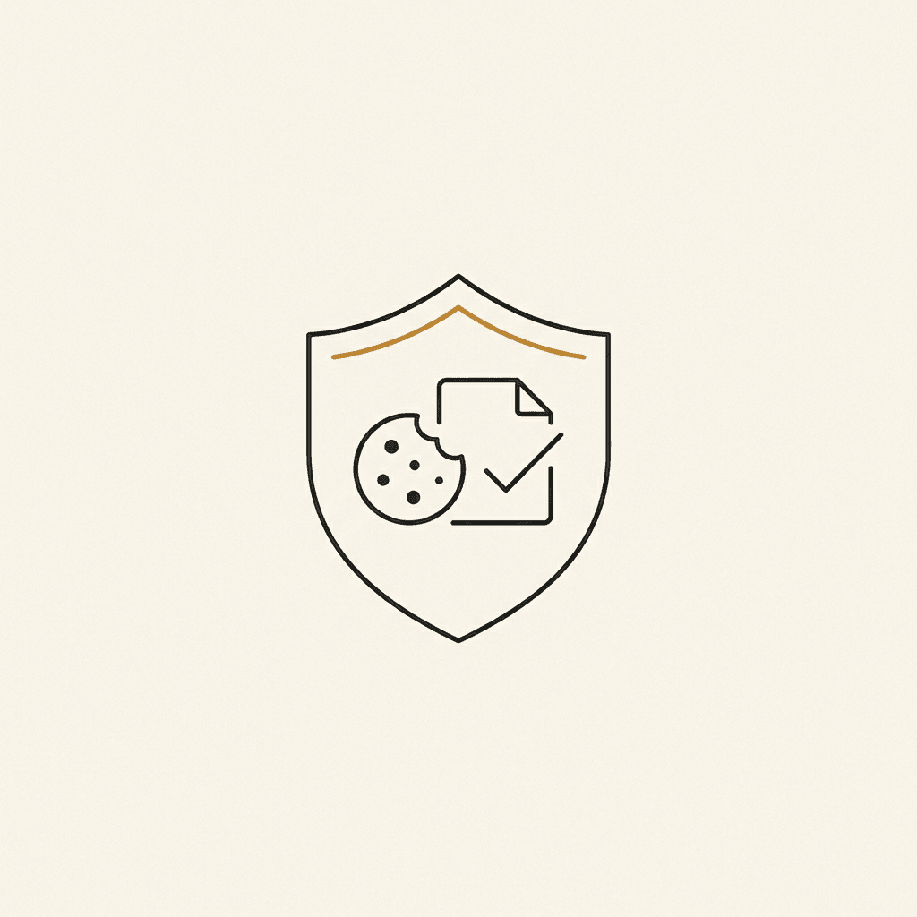 Copertina Kit Privacy e Cookie Policy: scudo con biscotto e documento con spunta, inchiostro su carta